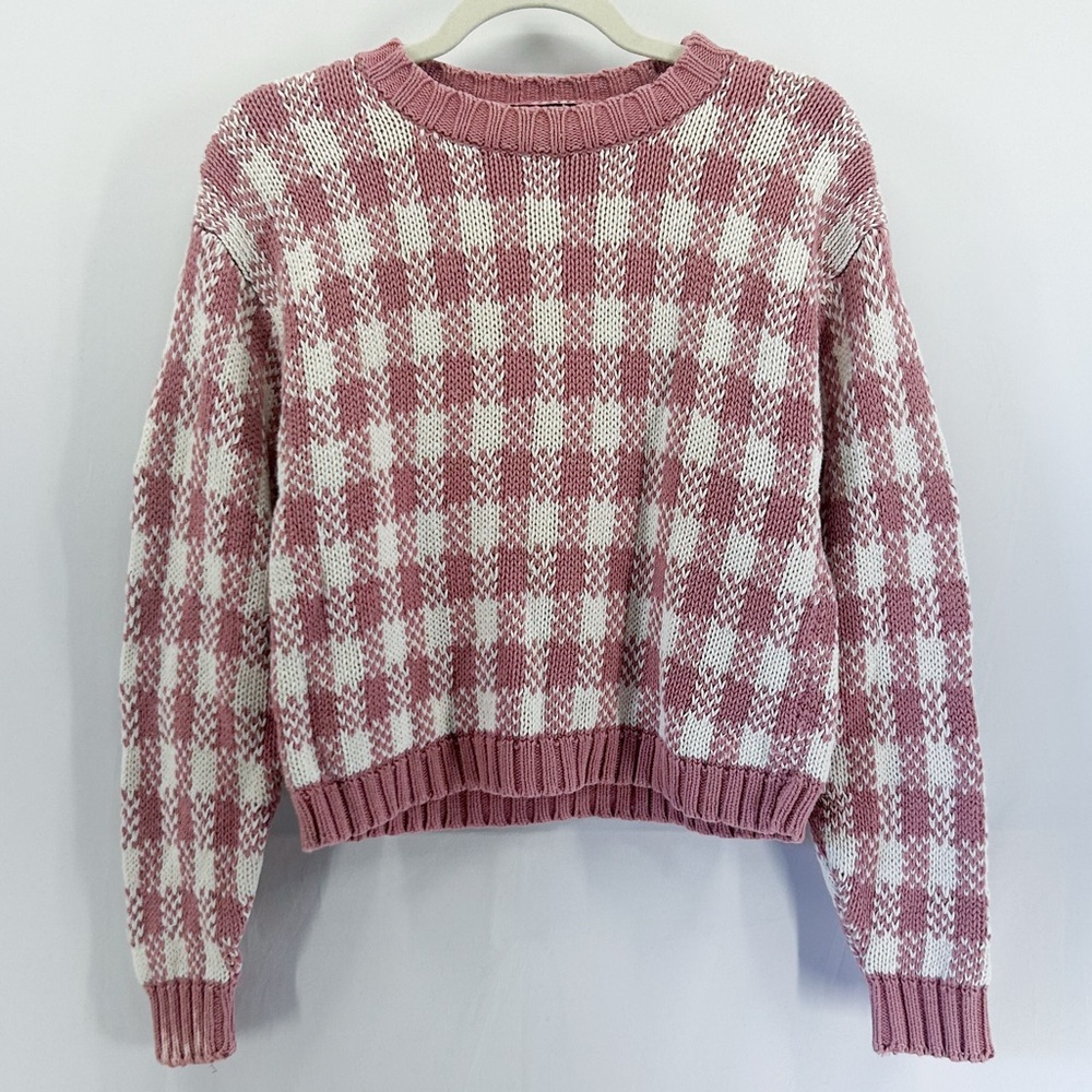 Vintage Liz Claiborne Pink Gingham Check Plaid Cropped Chunky Sweater Small